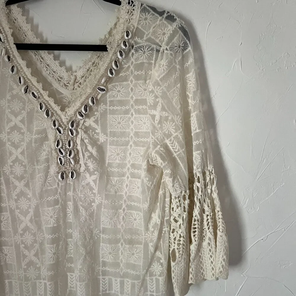 Miho's Italy Lace Crochet Cover Up Tunic Dress Shell Beaded Vacation Euro Summer